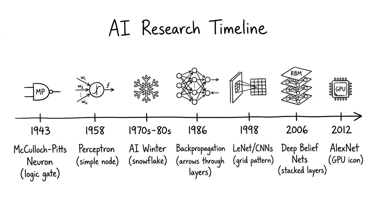 AI Research Timeline: From McCulloch-Pitts (1943) to AlexNet (2012)